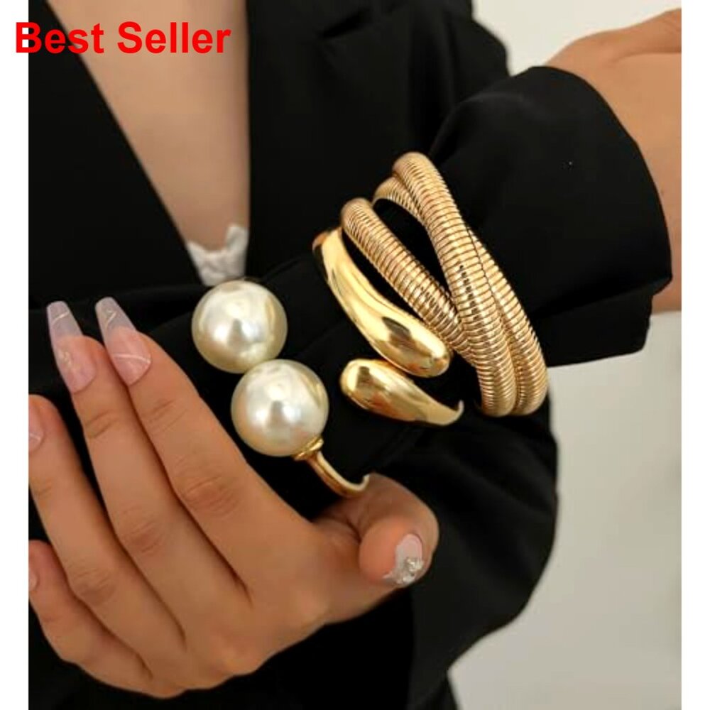 Chunky Gold Bangle Bracelets, Stackable Chain Set… - image 4